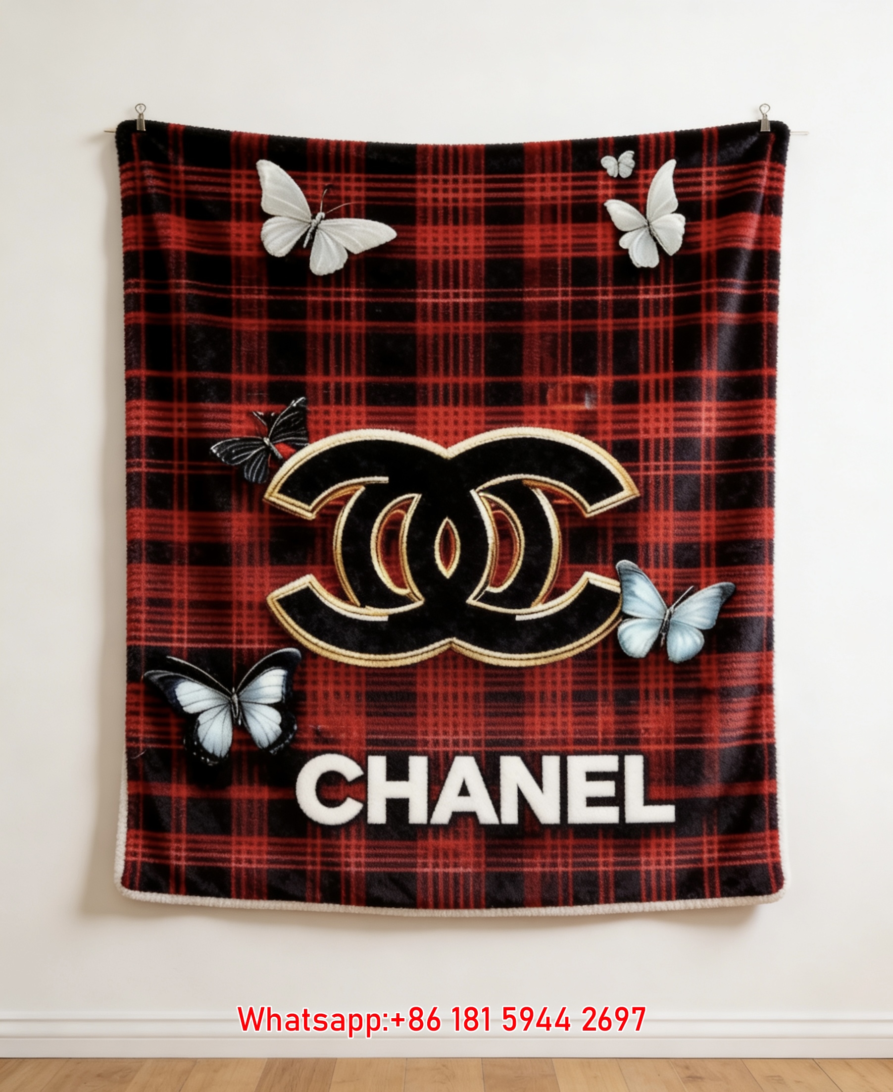 Red Plaid Chanel CC Logo Butterfly Flannel Fleece Throw Blanket IMG_7235